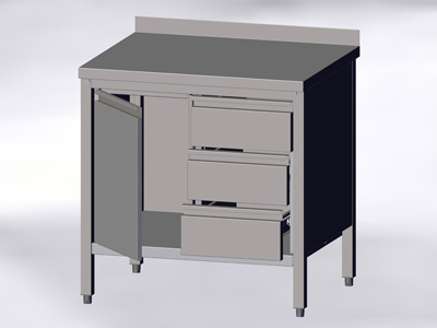 Cupboard-Table With Wall-side Panel, Hinged Doors and Drawers